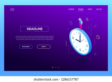 Deadline concept - modern isometric vector web banner on purple background with copy space for text. High quality composition with businessman, male manager standing on big clock. Time management