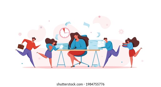 Concepto de plazo con trabajo en equipo de oficina que se apresura en pánico. Ilustración vectorial de los trabajadores en estrés y frustración arruinando difícil terminar la tarea hasta el plazo. La persona empuja la mano del reloj para evitar las horas extra.