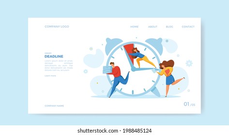 Concepto de plazo con trabajo en equipo de oficina que se apresura en pánico. Ilustración vectorial de los trabajadores en estrés y frustración arruinando difícil terminar la tarea hasta el plazo. La persona empuja la mano del reloj para evitar las horas extra.