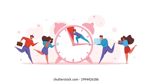 Concepto de plazo con trabajo en equipo de oficina que se apresura en pánico. Ilustración vectorial de los trabajadores en estrés y frustración arruinando difícil terminar la tarea hasta el plazo. La persona empuja la mano del reloj para evitar las horas extra.