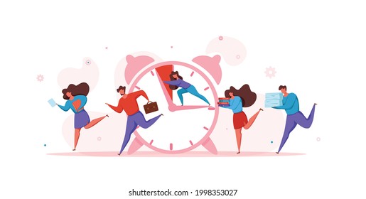 Deadline concept with office teamwork hurrying up in panic. Vector illustration of worker in stress and frustration ruining hard to finish task to deadline. Person push clock hand to prevent overtime.