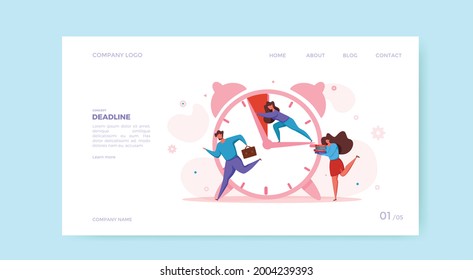 Deadline concept with office teamwork hurrying up in panic. Vector illustration of worker in stress and frustration ruining hard to finish task to deadline. Person push clock hand to prevent overtime.