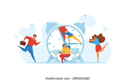 Deadline concept with office teamwork hurrying up in panic. Vector illustration of worker in stress and frustration ruining hard to finish task to deadline. Person push clock hand to prevent overtime.