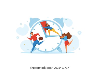 Deadline concept with office teamwork hurrying up in panic. Vector illustration of worker in stress and frustration ruining hard to finish task to deadline. Person push clock hand to prevent overtime.