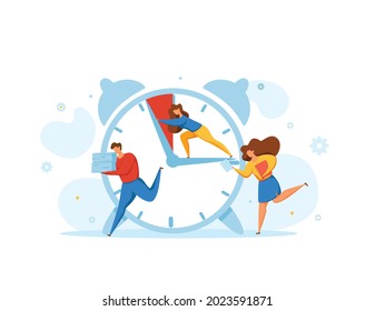 Deadline concept with office teamwork hurrying up in panic. Vector illustration of worker in stress and frustration ruining hard to finish task to deadline. Person push clock hand to prevent overtime.