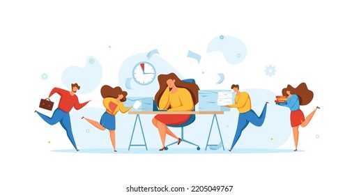 Concepto de fecha límite con trabajo en equipo de oficina que se apresura en pánico. Ilustración vectorial de los trabajadores en estrés y frustración arruinando difícil terminar la tarea hasta el plazo. La persona empuja la mano del reloj para evitar las horas extra.