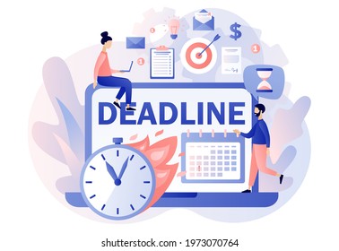 Deadline concept. Online time management and productivity. Tiny people organize workflow, effective use of time. Modern flat cartoon style. Vector illustration on white background