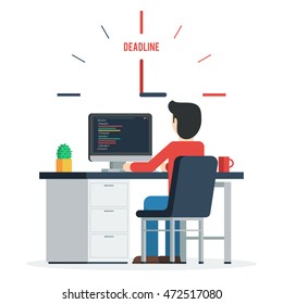 Deadline Concept of overworked man sitting infront of his table working on the computer having a problem reaching the deadline of his project. Trendy vector illustration concept in flat style design