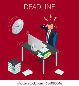 Deadline Concept of overworked man  Time to work  Time management project plan schedule  Sand clock Flat 3d vector isometric illustration