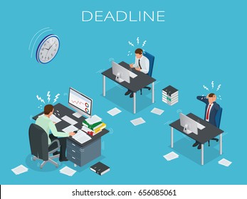 Deadline Concept of overworked man  Time to work  Time management project plan schedule  Sand clock Flat 3d vector isometric illustration