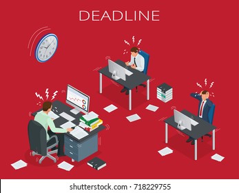 Deadline Concept of overworked man Time to work Time management project plan schedule Sand clock Flat 3d vector isometric illustration