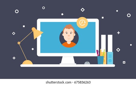 Deadline Concept of overworked man. Work at a computer. Flat design vector.