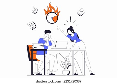 Deadline concept with people scene in flat outline design. Angry boss screaming at upset manager while man trying to complete work tasks. Vector illustration with line character situation for web