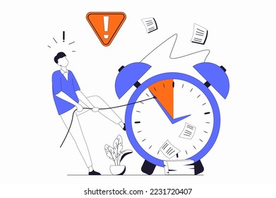 Deadline concept with people scene in flat outline design. Man trying to complete work tasks and paperwork in office before time is ending. Vector illustration with line character situation for web