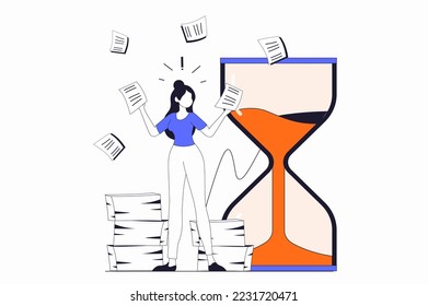 Deadline concept with people scene in flat outline design. Woman trying to complete work tasks or paperwork before time runs out in hourglass. Vector illustration with line character situation for web