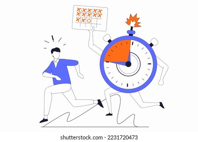 Deadline concept with people scene in flat outline design. Man runs away from ticking clock. Employee hurry to perform work tasks in office. Vector illustration with line character situation for web