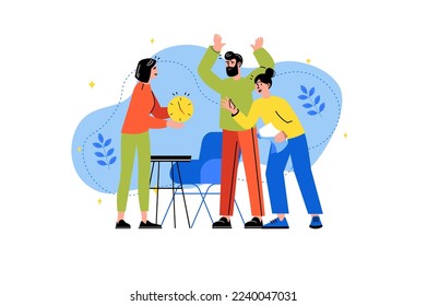 Deadline-Konzept mit Menschen-Szene im flachen Cartoon-Design. Das Team der Arbeiter versucht, die schwierige Aufgabe für die Frist zu erledigen. Vektorgrafik.