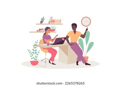 Deadline concept with people scene in the flat cartoon style. Two workers are trying to complete all the office tasks before the deadlines. Vector illustration.