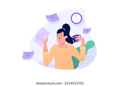 Deadline concept with people scene in the flat cartoon style. The woman is upset because of approaching deadlines and a large number of unfulfilled tasks. Vector illustration.