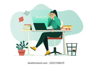 Deadline concept with people scene in the flat cartoon design. An office worker is trying to complete a large volume of work before the deadline. Vector illustration.