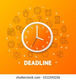 Deadline Concept with Realistic Detailed 3d Wall Clock and Thin Line Icons Set. Vector illustration