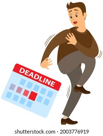 Deadline concept scared man hiding from work and problems at workplace. Businessman fear. Workload deadline disasters. Mess and tasks. Stress man in office. Overwork, many assignments and little time