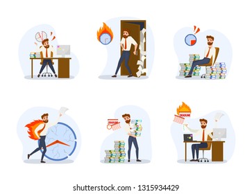 Deadline concept set. Idea of many work and few time. Employee in a hurry. Panic and stress in office. Business problems. Flat vector illustration