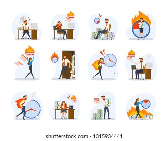 Deadline concept set. Idea of many work and few time. Employee in a hurry. Panic and stress in office. Business problems. Flat vector illustration