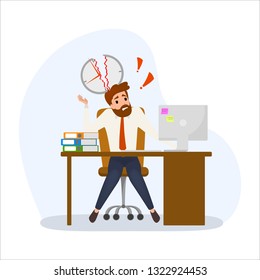 Deadline concept set. Idea of many work and few time. Employee in a hurry. Panic and stress in office. Business problems. Flat vector illustration