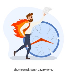 Deadline concept set. Idea of many work and few time. Employee in a hurry. Panic and stress in office. Business problems. Flat vector illustration