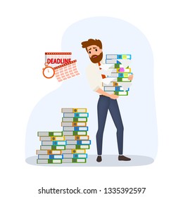 Deadline concept set. Idea of many work and few time. Employee in a hurry. Panic and stress in office. Business problems. Flat vector illustration