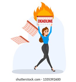 Deadline concept set. Idea of many work and few time. Employee in a hurry. Panic and stress in office. Business problems. Flat vector illustration