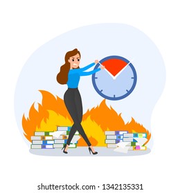 Deadline concept set. Idea of many work and few time. Employee in a hurry. Panic and stress in office. Business problems. Flat vector illustration