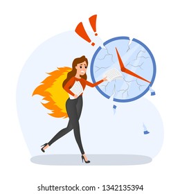 Deadline concept set. Idea of many work and few time. Employee in a hurry. Panic and stress in office. Business problems. Flat vector illustration