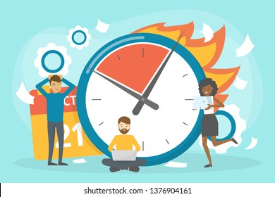 Deadline concept set. Idea of many work and few time. Employee in a hurry. Panic and stress in office. Business problems. Vector illustration in cartoon style