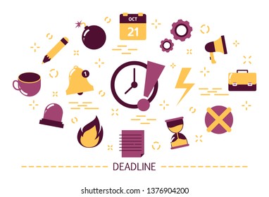 Deadline concept set. Idea of many work and few time. Employee in a hurry. Panic and stress. Business problems. Set of colorful icons. Isolated flat vector illustration