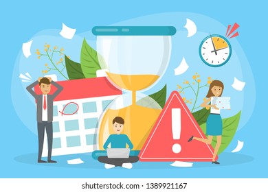 Deadline concept set. Idea of many work and few time. Employee in a hurry. Panic and stress in office. Business problems. Vector illustration in cartoon style