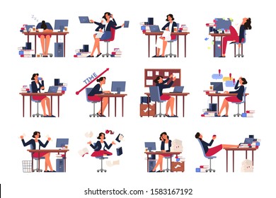 Deadline concept set. Idea of many work and few time. Employee in a hurry. Panic and stress in office. Business problems, multitasking. Isolated vector illustration in cartoon style