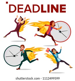 Deadline Concept Set Vector. Office People. Running Business Man, Woman. Workload Deadline Disasters. Mess And Tasks. Stress In Office. Overwork. Illustration

