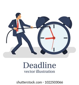 Deadline concept. Stop time concept. Business metaphor. Vector illustration flat design. Isolated on white background. Businessman in suit push back hour hand. Time management. Planning deadline