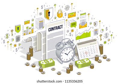 Deadline concept, table Alarm Clock and Calendar with cash money stacks isolated on white background. Vector 3d isometric business illustration with icons, stats charts and design elements.
