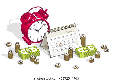 Concepto de fecha límite, tabla Reloj de alarmas y Calendario con pilas de dinero en efectivo y pilas de monedas aisladas en fondo blanco. Isometric vector business and finance ilustración, 3d thin line design.