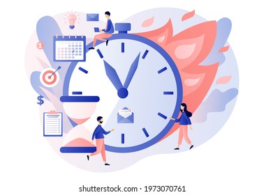 Deadline concept. Time management and productivity. Tiny people organize workflow, effective time spending. Big clock on fire. Modern flat cartoon style. Vector illustration on white background