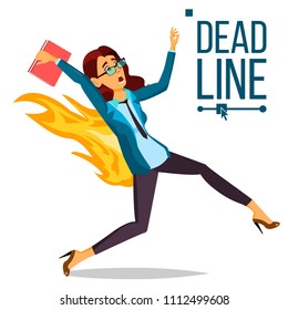 Deadline Concept Vector. Stressed Office People. Running Business Woman On Fire. Time Management. Struggling With Deadline. Overwork, Chaos In Office. Work. Illustration
