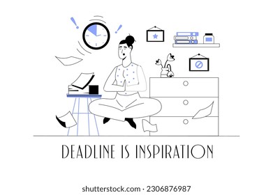 Deadline-Konzept mit Menschen Szene in der flachen Cartoon-Design. Der Angestellte hat keine Zeit, die Aufgaben vor den Terminen abzuschließen, aber er versucht, ruhig zu bleiben. Vektorgrafik.