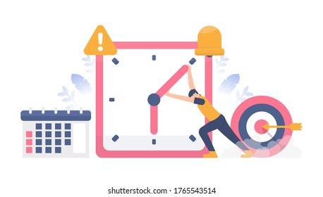 deadline concepts, planning and schedules, managing time. illustration of a people pushing or holding a clock so that time does not run out. flat design. can be used for elements, landing pages, UI