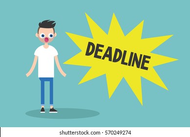 Deadline conceptual illustration. Young bearded man looking at the pop up "deadline" sign / flat editable vector illustration, clip art