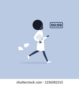 Deadline, conceptual illustration. Young black female running character holding a folder. Timer. Flat editable vector, clip art