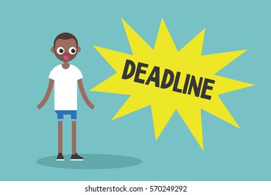 Deadline conceptual illustration. Young black man looking at the pop up "deadline" sign / flat editable vector illustration, clip art