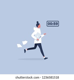 Deadline, conceptual illustration. Young female running character holding a folder. Timer. Flat editable vector, clip art